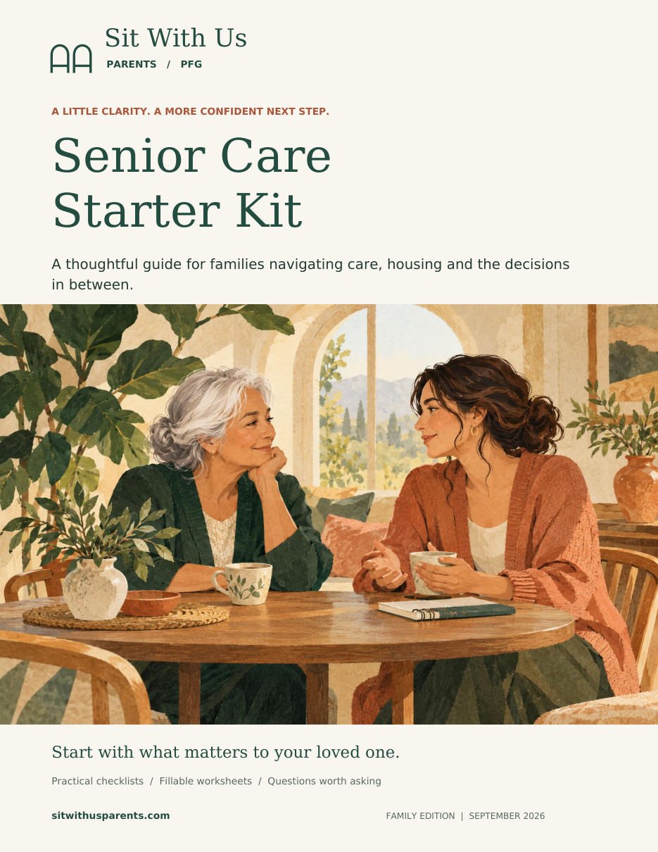Cover of the Sit With Us Parents Senior Care Starter Kit: a mother and daughter talking over coffee