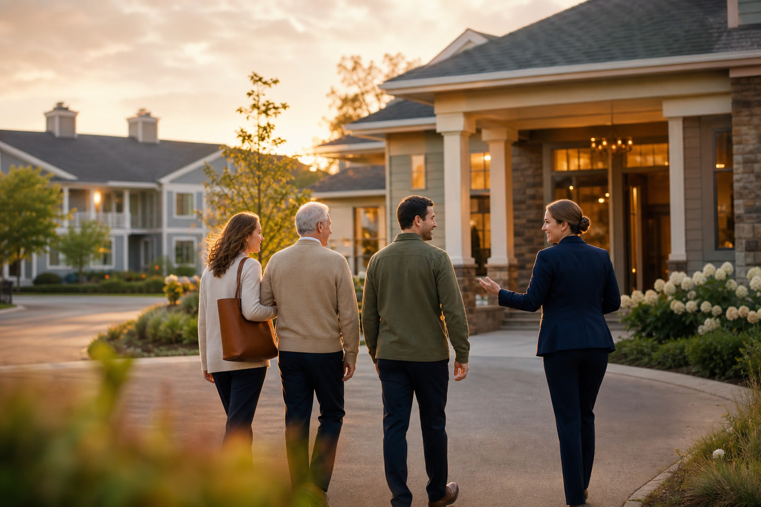 A family arriving for a visit at a senior living community